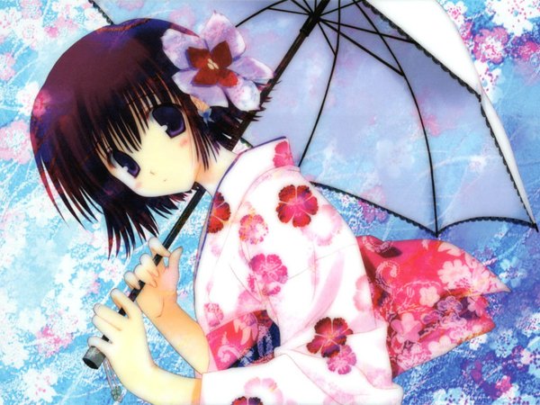 Anime picture 1024x768 with blush black hair traditional clothes japanese clothes flower (flowers) umbrella yukata tagme