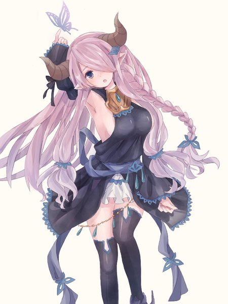 Anime picture 768x1024 with granblue fantasy narmaya (granblue fantasy) ann ka single long hair tall image looking at viewer blush fringe breasts light erotic simple background large breasts white background pink hair bent knee (knees) braid (braids) parted lips head tilt one eye closed