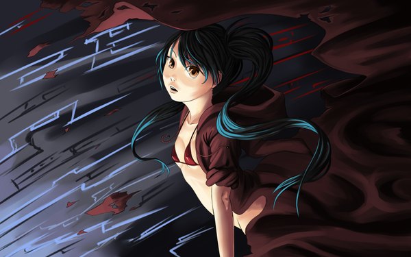 Anime picture 3328x2080 with forgotten-wings single long hair looking at viewer highres breasts light erotic twintails blue hair absurdres orange eyes flat chest girl
