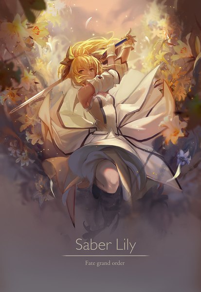 Anime picture 800x1161 with fate (series) fate/grand order fate/unlimited codes artoria pendragon (all) saber lily guan tang baozi single tall image fringe blonde hair hair between eyes looking away bent knee (knees) ponytail arms up grey eyes copyright name character names girl dress