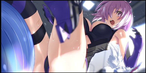 Anime picture 1493x748 with fate (series) fate/grand order mash kyrielight fou (fate) tsuuhan single looking at viewer blush fringe short hair breasts open mouth light erotic wide image pink hair bent knee (knees) pink eyes blurry hair over one eye from below