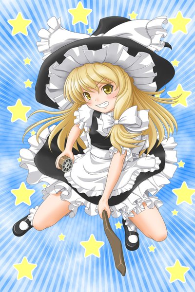 Anime picture 1200x1800 with touhou kirisame marisa t2r (artist) single long hair tall image blush blonde hair yellow eyes witch girl dress frills star (symbol) witch hat