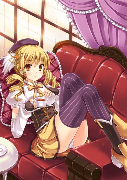 Anime picture 600x849 with mahou shoujo madoka magica shaft (studio) tomoe mami peach88 single long hair tall image blush light erotic blonde hair yellow eyes :o pantyshot drill hair underbust girl thighhighs gloves hair ornament underwear