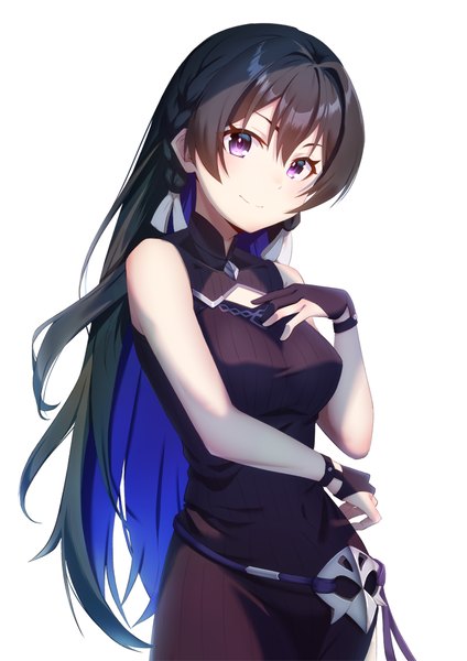 Anime picture 764x1080 with unnamed memory tinasha (unnamed memory) reitency single long hair tall image looking at viewer fringe black hair simple background smile hair between eyes standing white background purple eyes multicolored hair hand on chest colored inner hair girl