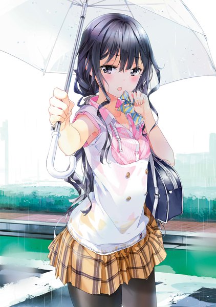 Anime picture 1352x1920 with masamune-kun no revenge silver link adagaki aki tiv single long hair tall image looking at viewer blush fringe open mouth black hair hair between eyes standing holding outdoors fingernails black eyes wet sleeveless