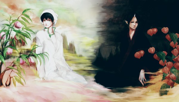 Anime picture 2362x1348 with hoozuki no reitetsu wit studio hoozuki (hoozuki no reitetsu) hakutaku (hoozuki no reitetsu) matsumoto (pixiv 1171609) highres short hair black hair wide image sitting traditional clothes japanese clothes horn (horns) light smile pointy ears black eyes multiple boys chinese clothes eyeshadow fog