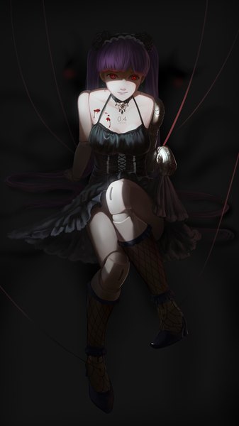 Anime picture 1440x2560 with original sarena single long hair tall image looking at viewer fringe breasts red eyes sitting bare shoulders signed purple hair full body blunt bangs sleeveless glowing dark background glowing eye (eyes) blood stains