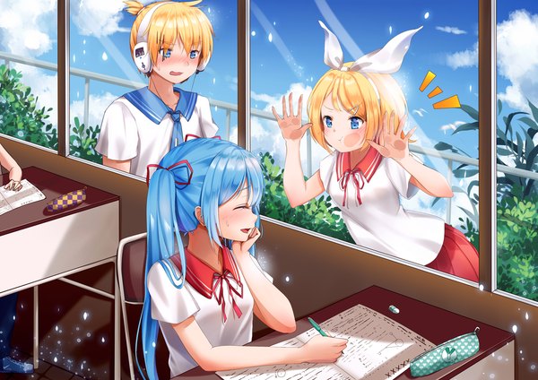 Anime picture 2338x1654 with vocaloid hatsune miku kagamine rin kagamine len douya (233) long hair blush highres short hair open mouth blue eyes blonde hair sitting twintails multiple girls blue hair sky cloud (clouds) indoors eyes closed