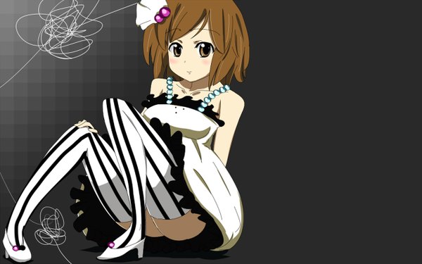 Anime picture 1280x800 with k-on! kyoto animation hirasawa yui shiratori serano single looking at viewer short hair light erotic simple background brown hair wide image brown eyes wallpaper black background third-party edit hand on knee extended don't say "lazy" poorly drawn girl