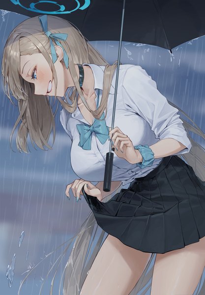 Anime picture 2000x2877 with blue archive asuna (blue archive) cotta (heleif) single tall image blush highres blue eyes light erotic blonde hair smile outdoors very long hair nail polish profile pleated skirt grin looking down rain open collar