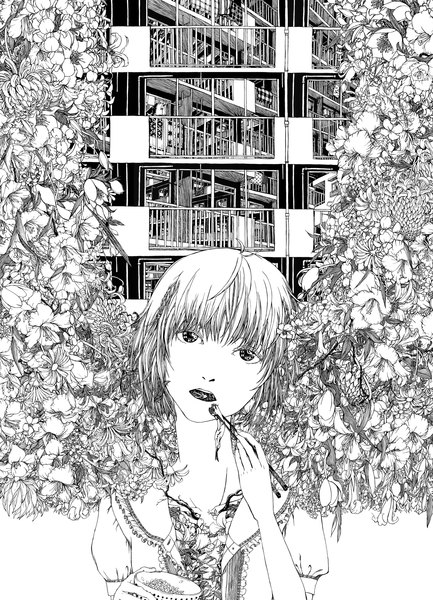 Anime picture 1082x1500 with original yokan ko (artist) single tall image fringe short hair white hair braid (braids) black eyes monochrome eating detailed girl flower (flowers) food frills building (buildings) lily (flower) chopsticks balcony