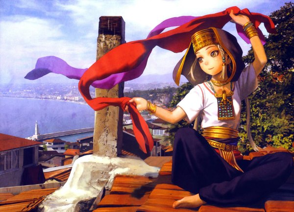 Anime picture 1600x1156 with cop craft: dragnet mirage reloaded tilarna exedilika range murata single long hair smile sitting looking away braid (braids) barefoot grey hair city single braid cityscape third-party edit stitched tribal girl hair ornament earrings
