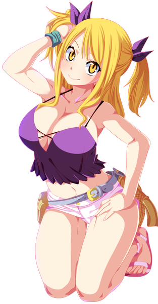 Anime picture 2088x4000 with fairy tail lucy heartfilia tongasart single long hair tall image highres breasts light erotic blonde hair smile large breasts twintails yellow eyes armpit (armpits) hand on hip kneeling coloring adjusting hair short twintails