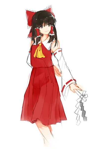 Anime picture 976x1551 with touhou hakurei reimu riy single long hair tall image fringe simple background smile brown hair white background looking away traditional clothes japanese clothes black eyes miko arm behind back skirt hair ornament bow