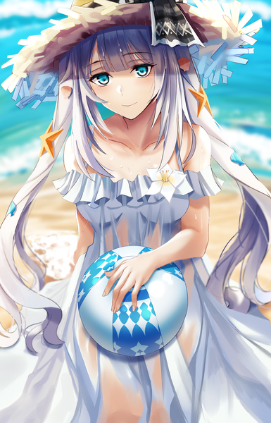 Anime picture 1000x1555 with fate (series) fate/grand order marie antoinette (fate/grand order) marie antoinette (swimsuit caster) (fate) nicky w single long hair tall image looking at viewer blush fringe breasts blue eyes smile large breasts twintails bare shoulders holding payot silver hair