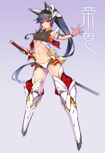 Anime picture 2031x2952 with original dean single tall image looking at viewer fringe highres breasts light erotic black hair simple background red eyes animal ears ponytail very long hair outstretched arm fake animal ears girl navel weapon