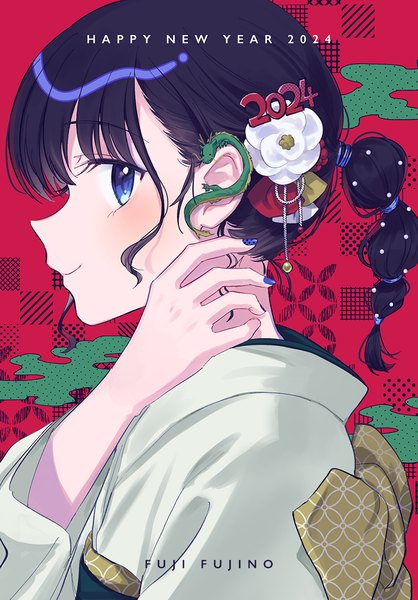 Anime picture 866x1244 with original fujino (unajisaiko) single long hair tall image looking at viewer blue eyes black hair smile signed nail polish traditional clothes japanese clothes profile red background new year blue nail polish happy new year nail art 2024