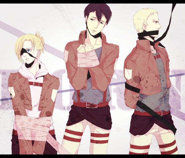 Anime picture 1400x1200 with shingeki no kyojin production i.g annie leonhart bertolt hoover reiner braun noh7ly short hair open mouth blue eyes black hair blonde hair looking away profile black eyes multiple boys framed bound hands girl boy uniform