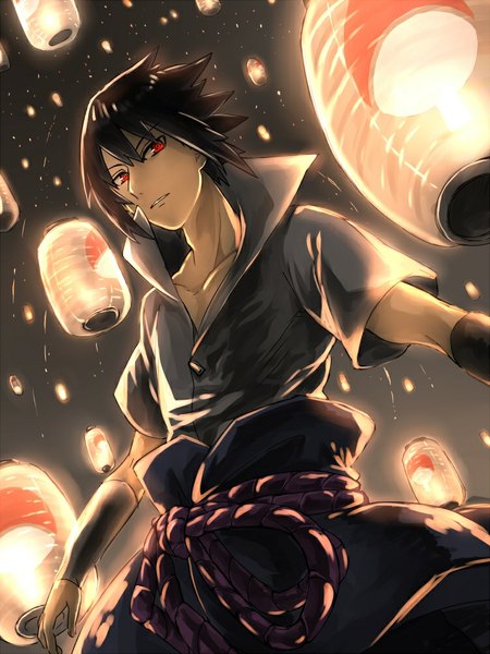 Anime picture 750x1000 with naruto studio pierrot naruto (series) uchiha sasuke tagme (artist) single tall image looking at viewer short hair black hair red eyes night from below night sky boy lantern