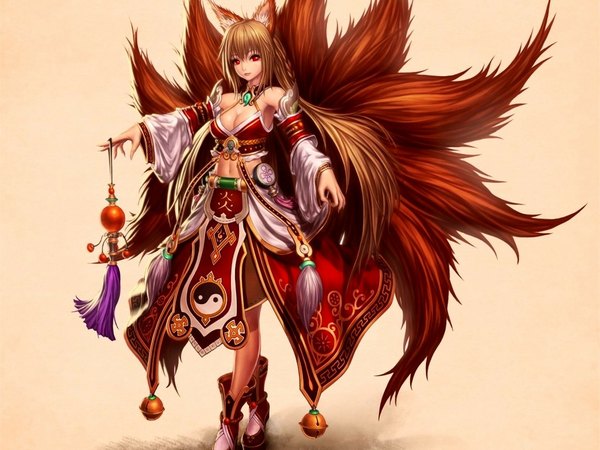 Anime picture 1024x768 with gencoupb single long hair red eyes brown hair bare shoulders traditional clothes fox ears fox tail fox girl girl navel detached sleeves bell