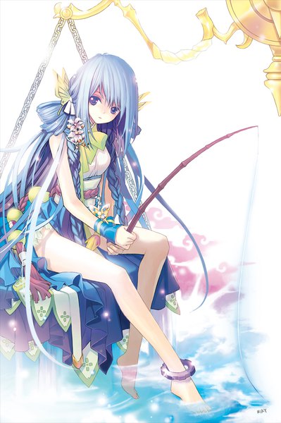 Anime picture 665x1000 with original riki (elseeker) single long hair tall image looking at viewer fringe blue eyes hair between eyes white background sitting holding signed payot blue hair full body bent knee (knees) braid (braids) traditional clothes head tilt