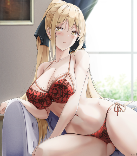 Anime picture 1580x1800 with original keenh single long hair tall image blush fringe breasts light erotic blonde hair hair between eyes large breasts sitting twintails signed yellow eyes payot looking away ponytail indoors