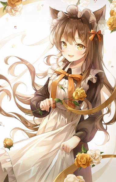 Anime picture 3456x5441 with original echoz single long hair tall image looking at viewer blush fringe highres open mouth simple background smile brown hair standing white background holding animal ears yellow eyes absurdres long sleeves