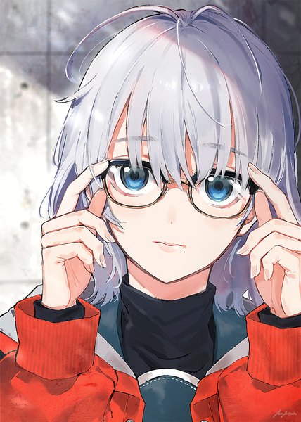Anime picture 1020x1431 with original arisaka ako single tall image looking at viewer fringe short hair blue eyes hair between eyes silver hair upper body mole mole under mouth adjusting glasses girl glasses turtleneck