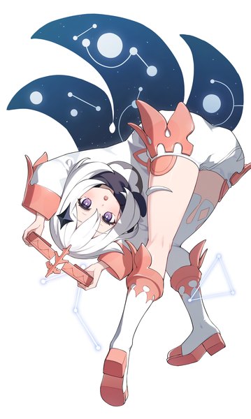 Anime picture 1359x2272 with genshin impact paimon (genshin impact) yuu maraa single tall image looking at viewer fringe short hair simple background hair between eyes white background purple eyes full body white hair :o leaning leaning forward girl halo knee boots
