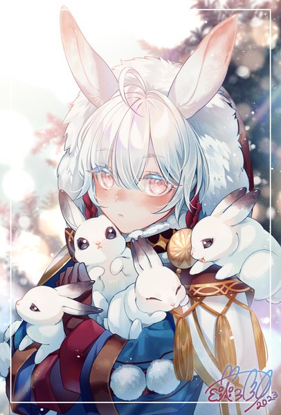 Anime picture 676x1000 with original cocosuke single tall image looking at viewer fringe short hair hair between eyes animal ears silver hair upper body ahoge pink eyes bunny ears framed new year androgynous animal on shoulder albino 2023