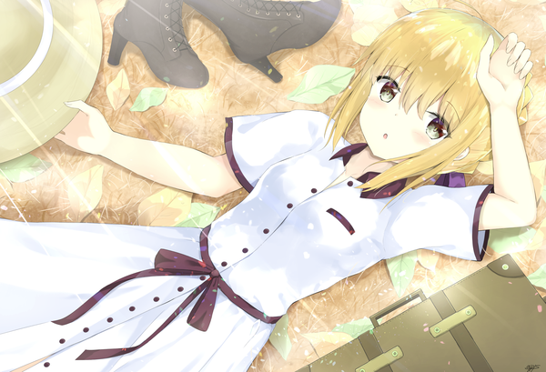 Anime picture 2193x1498 with fate (series) fate/grand order fate/stay night artoria pendragon (all) saber arupisu (shintea) single looking at viewer blush fringe highres short hair open mouth blonde hair hair between eyes brown eyes signed payot lying :o