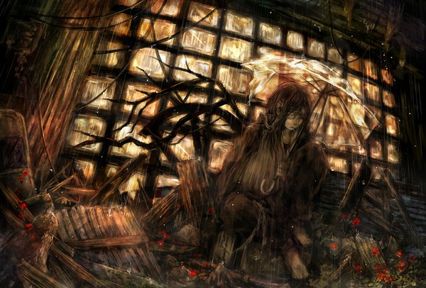 Anime picture 1000x677 with original 317/miiina (pixiv) single long hair fringe brown hair barefoot rain sad bandage over one eye broken boy flower (flowers) plant (plants) petals umbrella bandage (bandages) branch