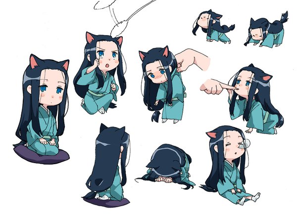 Anime picture 1070x798 with joshiraku j.c. staff kukuru anrakutei kutuyatti long hair blush open mouth blue eyes black hair simple background white background sitting animal ears tail eyes closed traditional clothes japanese clothes from behind cat ears sleeping