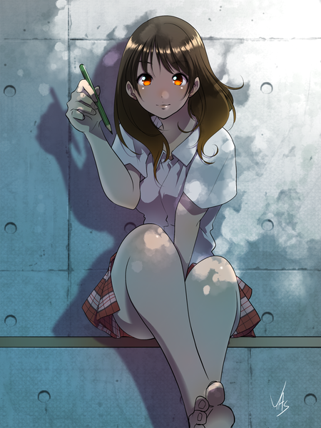 Anime picture 2048x2732 with original yasu (pixiv) single long hair tall image looking at viewer blush fringe highres brown hair sitting signed yellow eyes bent knee (knees) barefoot bare legs shadow plaid skirt between legs against wall