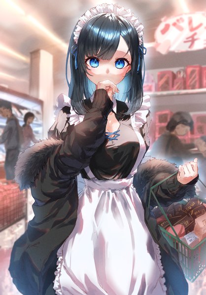 Anime picture 3905x5604 with original eshineko tall image highres short hair blue eyes black hair absurdres indoors multicolored hair off shoulder open jacket maid solo focus colored inner hair hand to mouth valentine girl uniform food