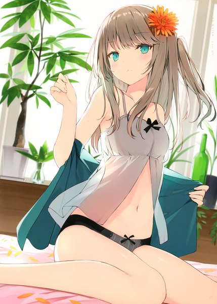 Anime picture 2111x2952 with original sutorora single long hair tall image looking at viewer blush fringe highres blue eyes light erotic sitting bare shoulders payot indoors blunt bangs hair flower grey hair scan off shoulder