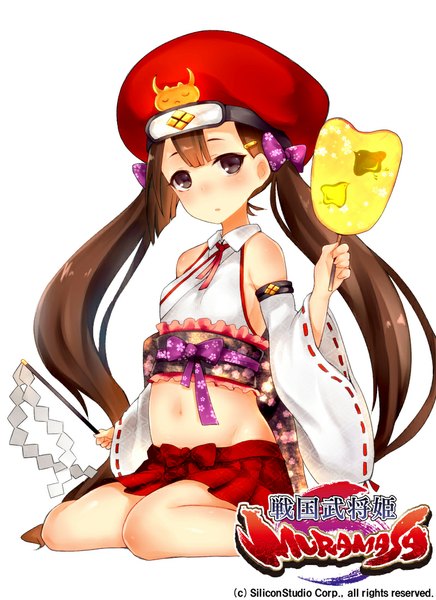 Anime picture 800x1100 with sengoku bushouki muramasa inayama single tall image looking at viewer simple background brown hair white background twintails very long hair traditional clothes black eyes loli girl skirt navel hat detached sleeves gohei