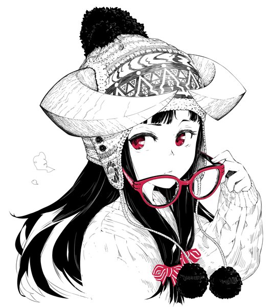 Anime picture 1350x1500 with original jaco single long hair tall image fringe black hair simple background red eyes white background animal ears looking away upper body blunt bangs horn (horns) monochrome spot color girl bow hair bow