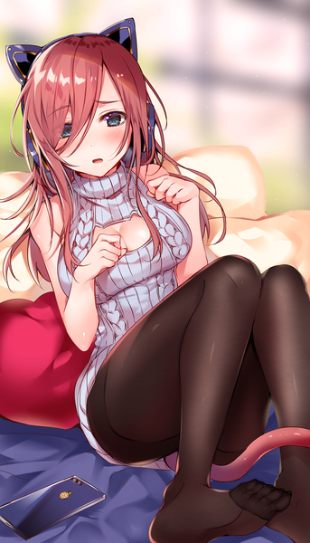 Anime picture 858x1500 with go-toubun no hanayome nakano miku usagihime single long hair tall image looking at viewer blush fringe breasts open mouth blue eyes light erotic hair between eyes brown hair large breasts bare shoulders animal ears payot full body
