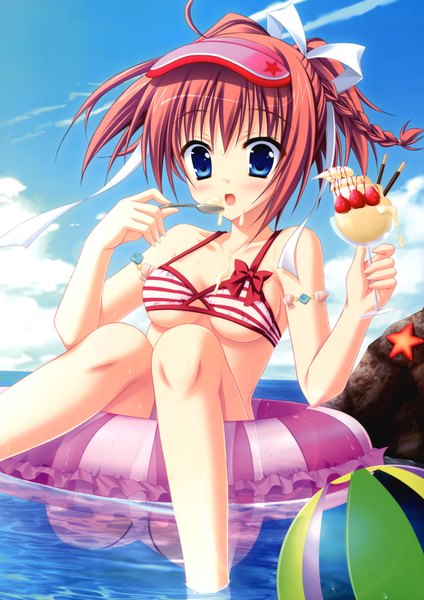 Anime picture 4966x7021 with kisaragi gold star (game) endou saya moribe (rabumanyo) tall image highres short hair blue eyes light erotic absurdres sky cloud (clouds) red hair girl swimsuit bikini water food sweets ice cream striped bikini