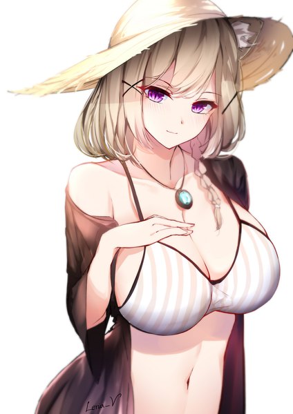 Anime picture 1413x2000 with arknights utage (arknights) utage (summer flowers) (arknights) leria v single tall image looking at viewer blush fringe short hair breasts light erotic simple background brown hair large breasts white background purple eyes signed animal ears braid (braids)