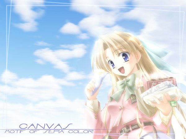 Anime picture 1024x768 with canvas (anime) sakurazuka ren single looking at viewer open mouth blue eyes blonde hair holding sky cloud (clouds) outdoors long sleeves sunlight looking down happy soft beauty girl bow belt