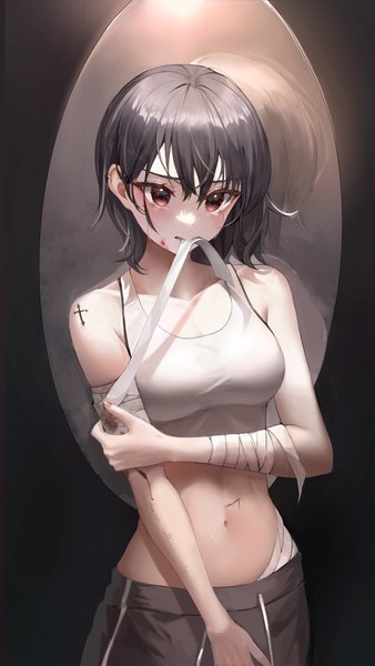 Anime picture 3000x5328 with original kapo single tall image blush fringe highres short hair breasts black hair hair between eyes large breasts standing holding brown eyes looking away tattoo tears mouth hold reflection