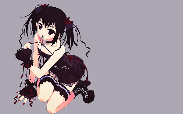 Anime picture 2560x1600 with original murakami suigun single looking at viewer fringe highres short hair black hair hair between eyes wide image twintails bare shoulders holding payot full body bent knee (knees) nail polish black eyes grey background arm support