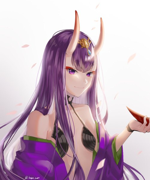 Anime-Bild 1000x1200 mit fate (series) fate/grand order shuten douji (fate) haga single long hair tall image looking at viewer fringe light erotic simple background smile hair between eyes white background purple eyes bare shoulders holding signed purple hair upper body