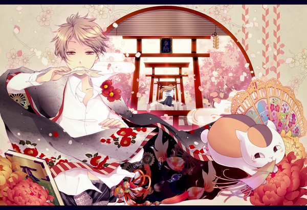 Anime picture 1177x806 with natsume yuujinchou brains base (studio) natsume takashi madara (nyanko-sensei) natsume reiko domco highres short hair blonde hair yellow eyes wind from behind mouth hold back open collar clothes on shoulders girl boy uniform flower (flowers)