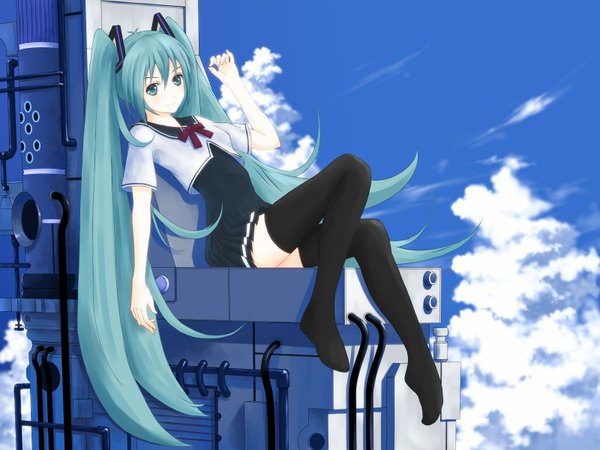 Anime picture 1600x1200 with vocaloid hatsune miku green eyes sky cloud (clouds) aqua hair girl thighhighs black thighhighs