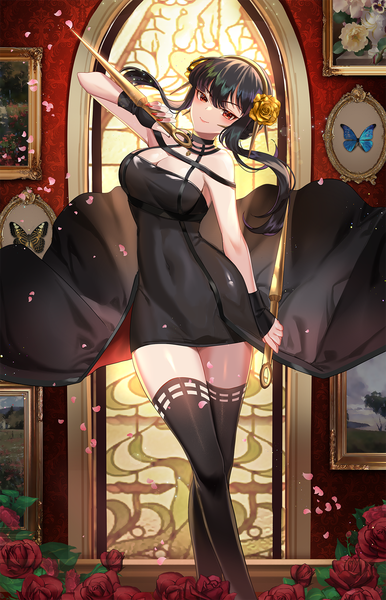 Anime picture 1055x1639 with spy x family yor briar aurora rokudo single long hair tall image looking at viewer blush fringe breasts light erotic black hair smile red eyes large breasts standing holding cleavage indoors nail polish