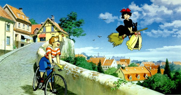Anime picture 1600x846 with kiki's delivery service studio ghibli kiki jiji tombo kopoli short hair open mouth black hair smile brown hair wide image sky cloud (clouds) city cityscape flying eye contact freckles riding broom riding