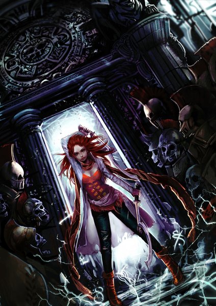 Anime picture 2893x4092 with original genki-de tall image highres red hair realistic torn clothes magic skeleton lightning warrior girl weapon sword boots pants skull helmet